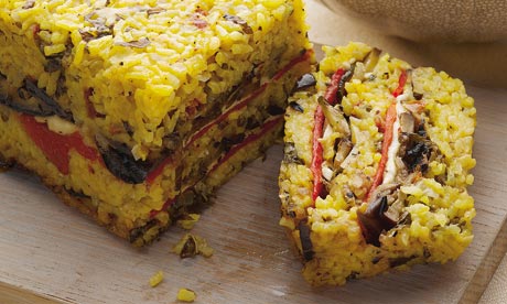 saffron risotto cake with grilled veg recipe